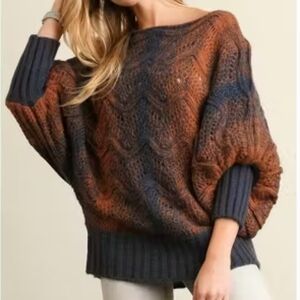 UMGEE, Brown Navy Blue Ombre Chunky Knit Dolman Pullover Sweater, Size Small